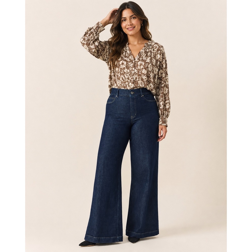 Spanx Everywhere Wide Leg Jeans women's 1X Tall Dark Wash High Rise Pull On